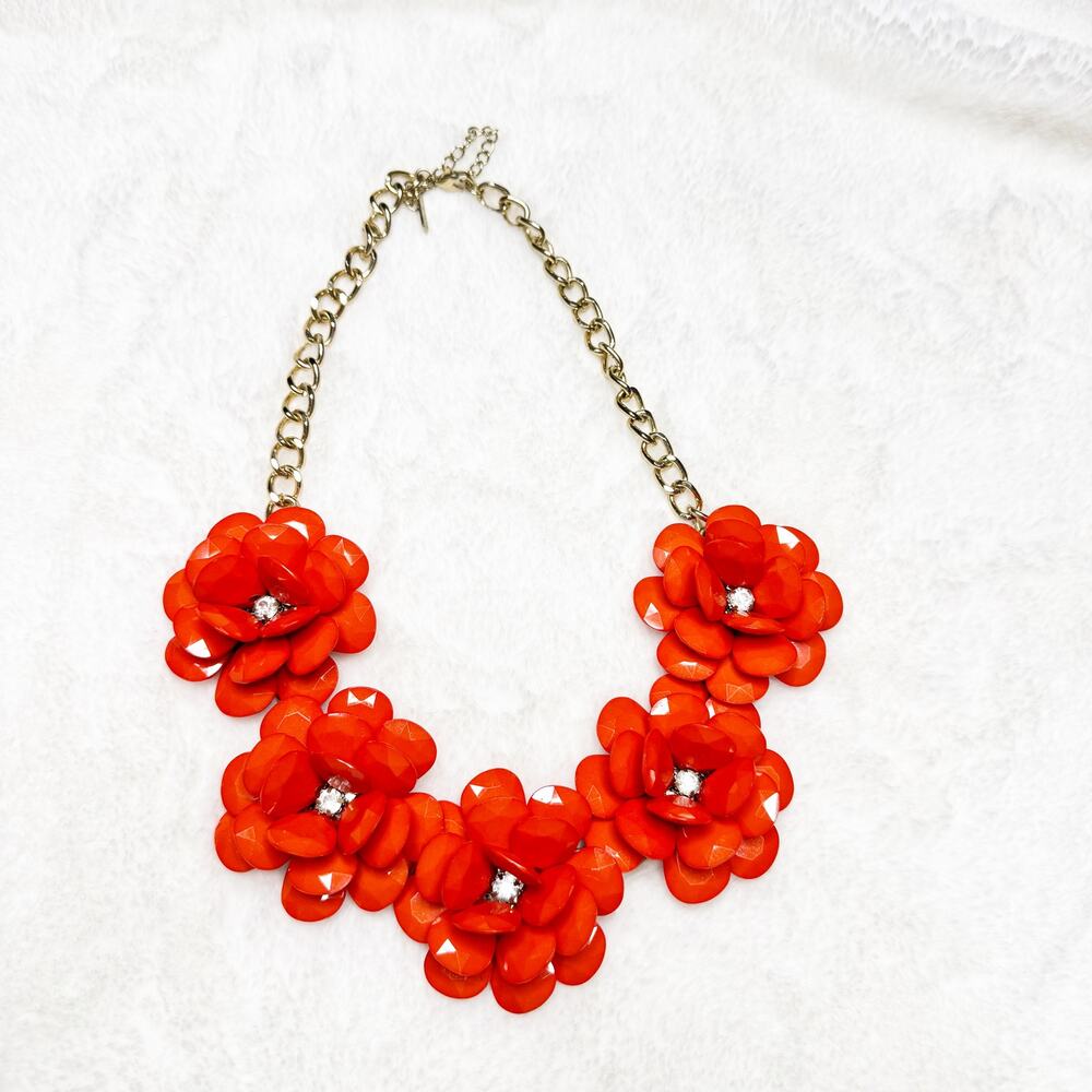 BAUBLEBAR Orange-Red & Gold Toned Resin Flower Statement Necklace